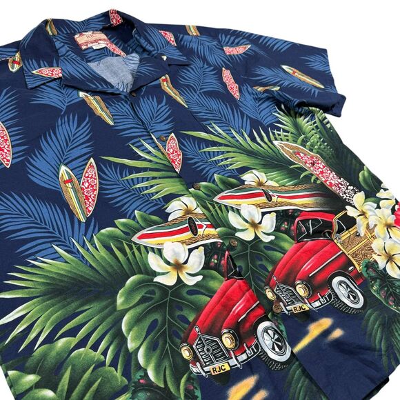RJC Hawaiian Shirt Men 3XL Vintage Floral Car Tropical Beach Island Short Sleeve - Picture 1 of 8